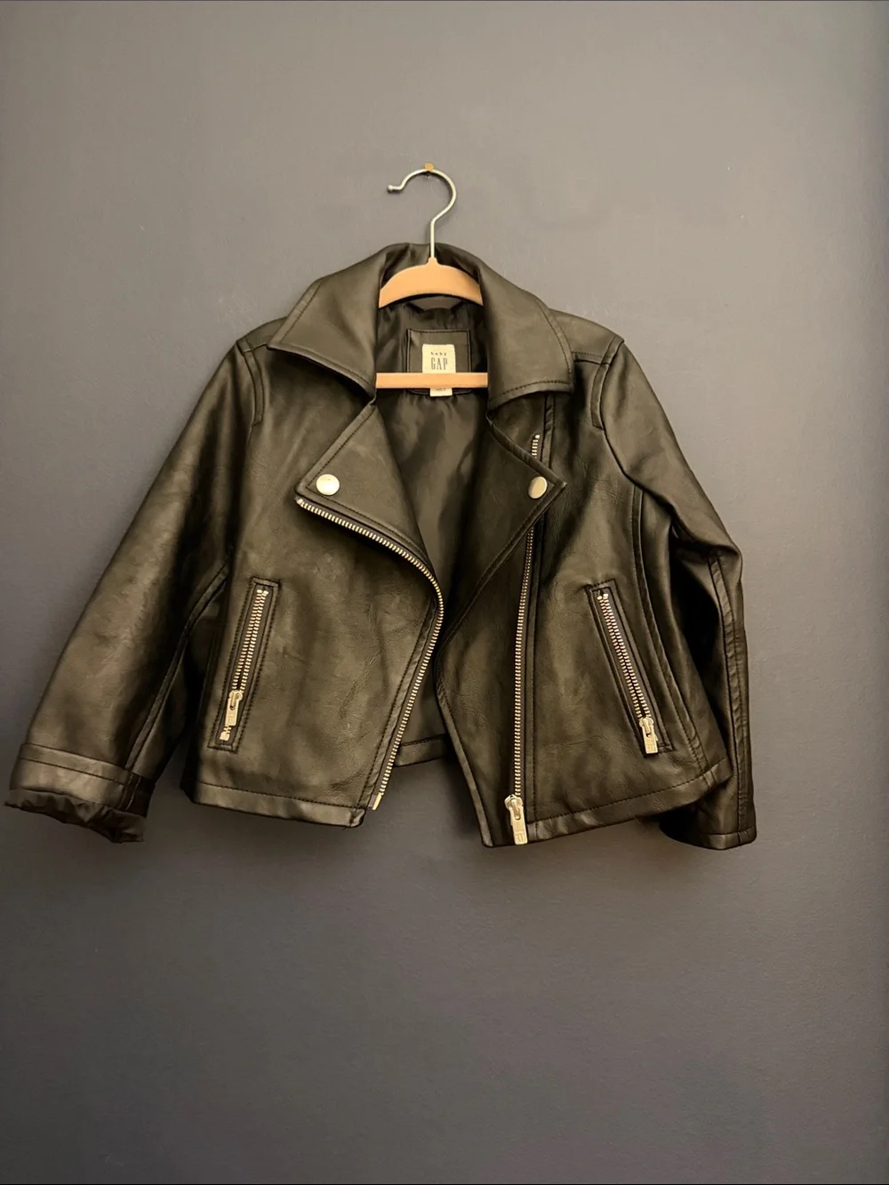 Baby Gap Girls 3T Black Faux Leather Moto Biker Jacket Zip Pockets